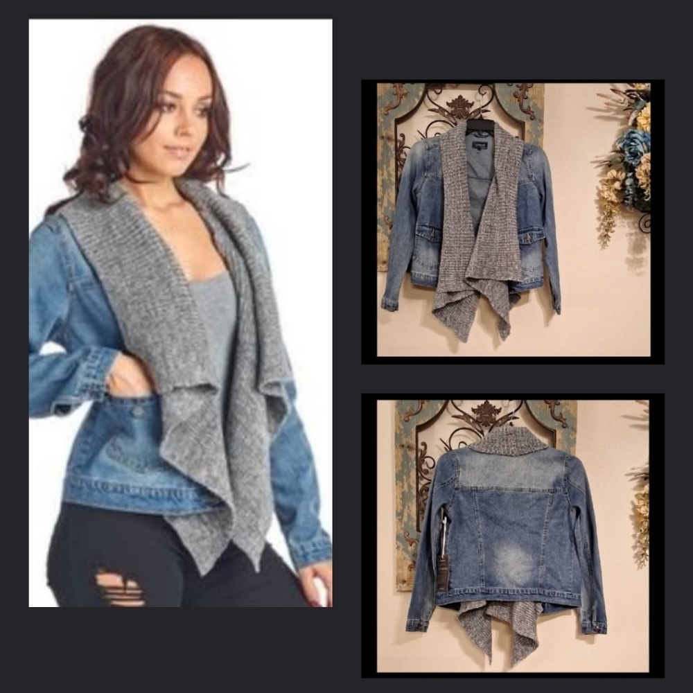Ci Sono Women's Denim Jacket with Gray Knit Sweater.  NWT Size SMALL